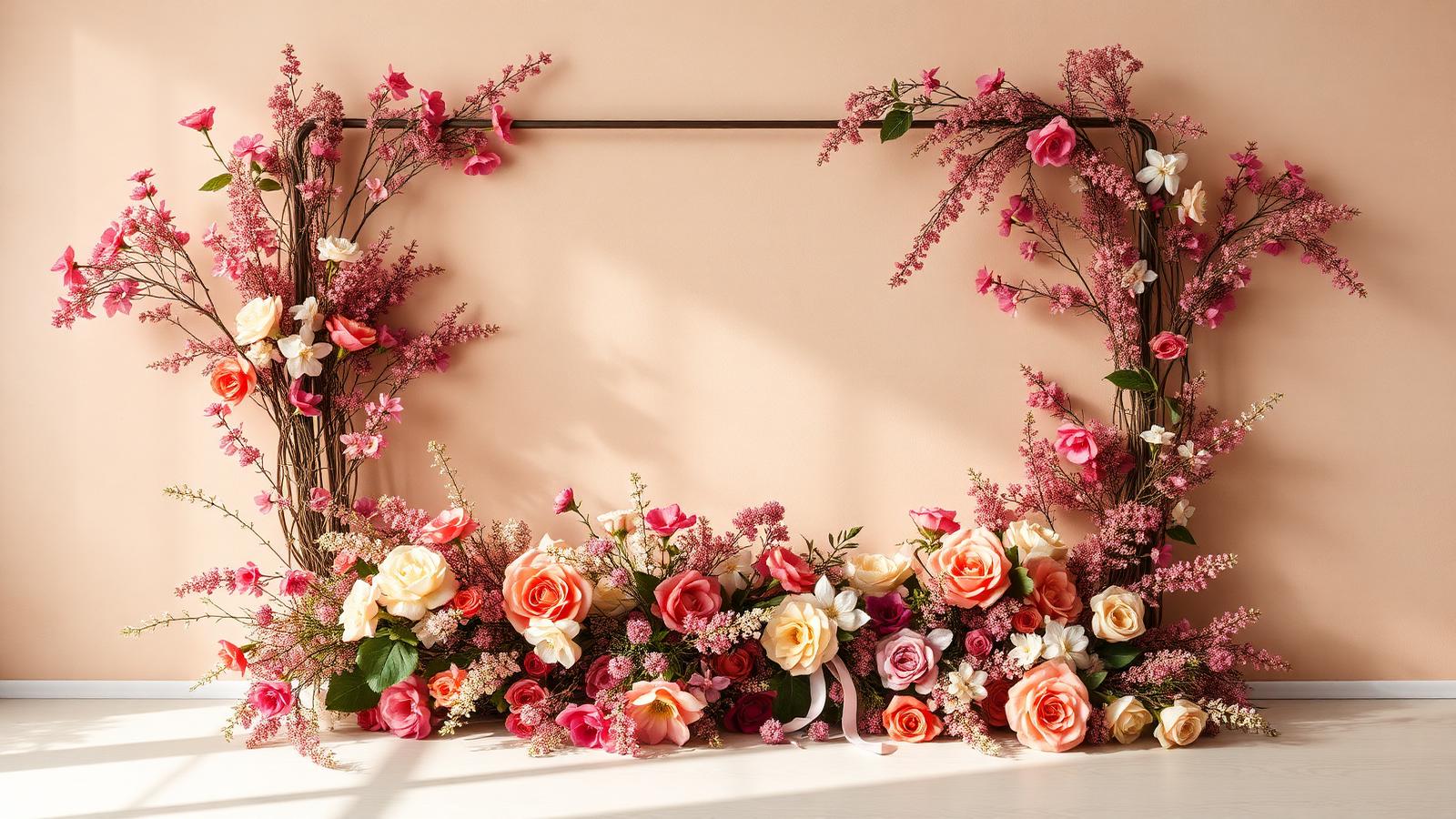 Instalación floral de temporada en coral y malva