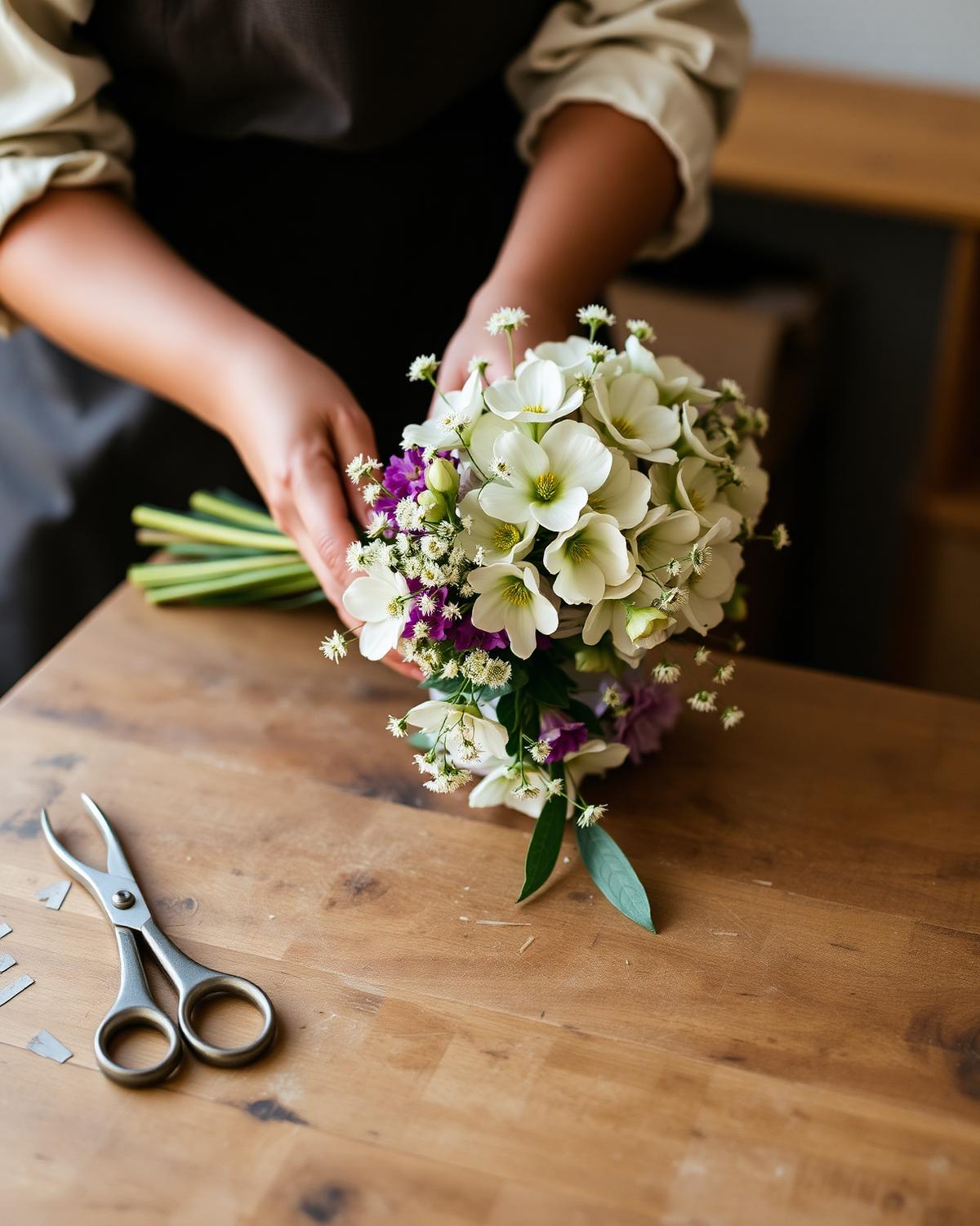 Florista de Las Peonías componiendo un ramo en el taller de Pozuelo de Alarcón